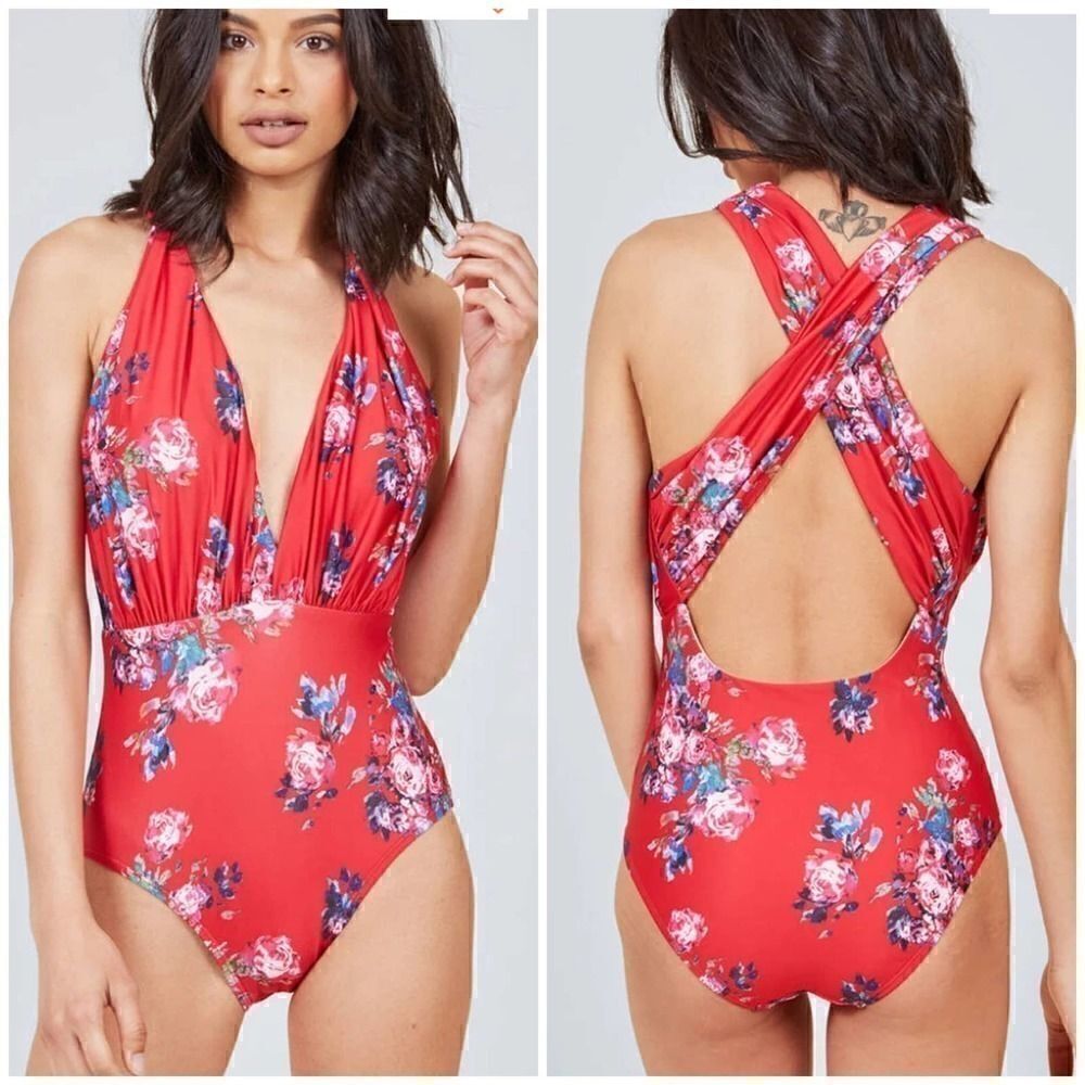 NEW ModCloth Red Floral Lauren One Piece Swimsuit